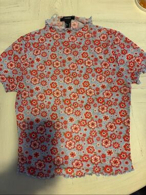 Forever 21 Light Blue Mesh Tee with Red Floral Print